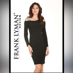 Frank Lyman Cocktail Dress Black Size 8 Rhinestone Detail Cold Shoulder Dress
